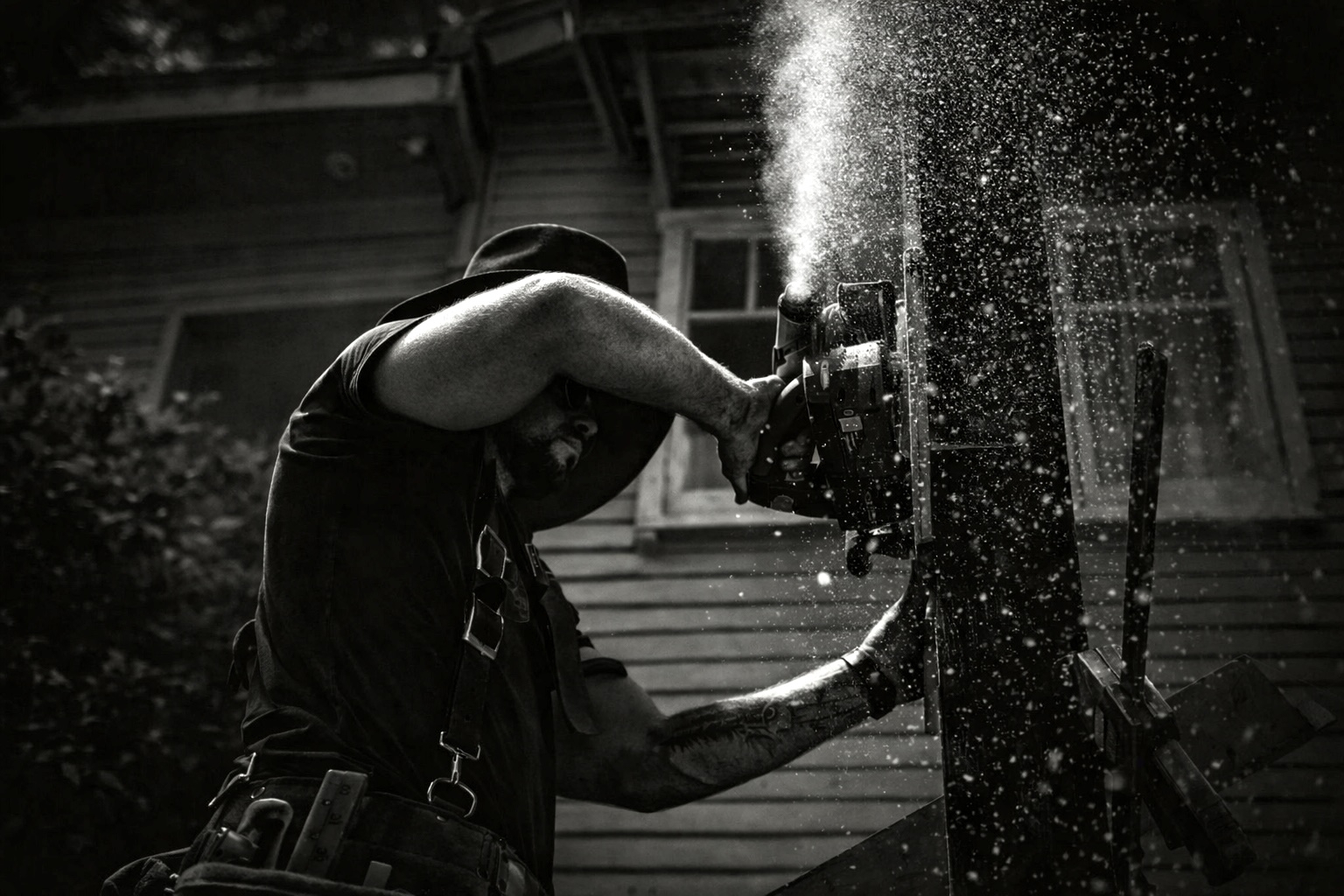 Roddy cutting timber on site